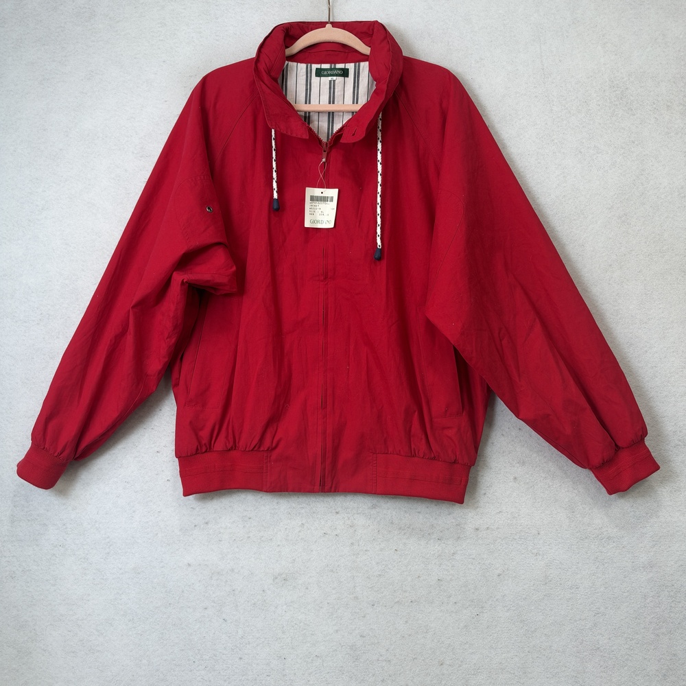 Giordano Jacket Mens XL Red Cotton Canvas Hooded Windbreaker Lined WS222-9